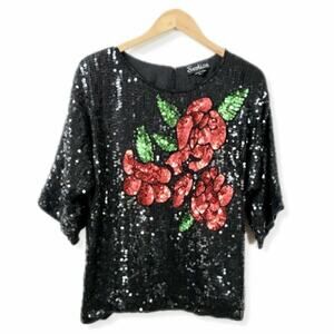 80s Sequin Beaded Blouse Top Black S M Floral Disco Mob Wife Sparkle Cocktail